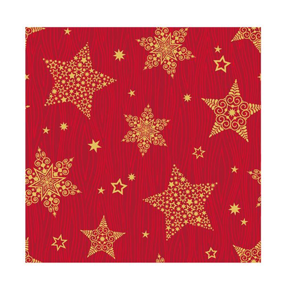 I tovaglioli PAPSTAR „Christmas Shine“ della PAPSTAR GmbH hanno uno sfondo rosso brillante, decorato con stelle dorate di diverse dimensioni. Alcune delle stelle di Natale mostrano motivi intricati, mentre altre sono monocromatiche, creando una miscela dinamica di stelle grandi e piccole sparse su tutto il design del tovagliolo. Ogni confezione contiene 50 tovaglioli a tre strati, piegati in quarti con dimensioni di 25 x 25 cm.