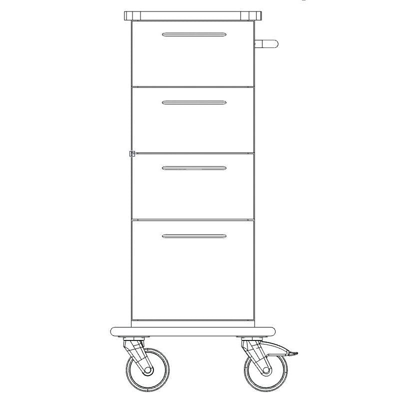 Disegno al tratto di un telaio di carrello per assistenza e lavoro Novocal alto e rettangolare con tre cassetti orizzontali, maniglia sul lato destro e due grandi ruote alla base, visto da davanti. Marca: Novocal.