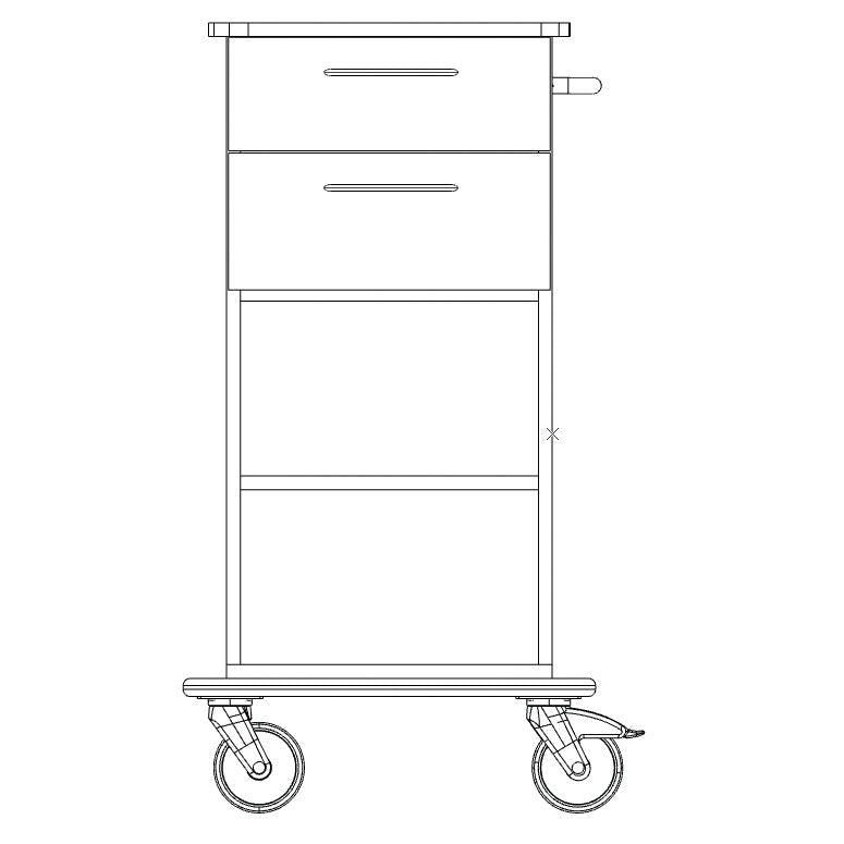Disegno al tratto in bianco e nero del carrello da lavoro e assistenza Novocal con due cassetti, maniglia laterale, grandi ruote anteriori, ruote posteriori più piccole e uno scaffale aperto sotto - il dispositivo funge anche da protezione per le pareti.