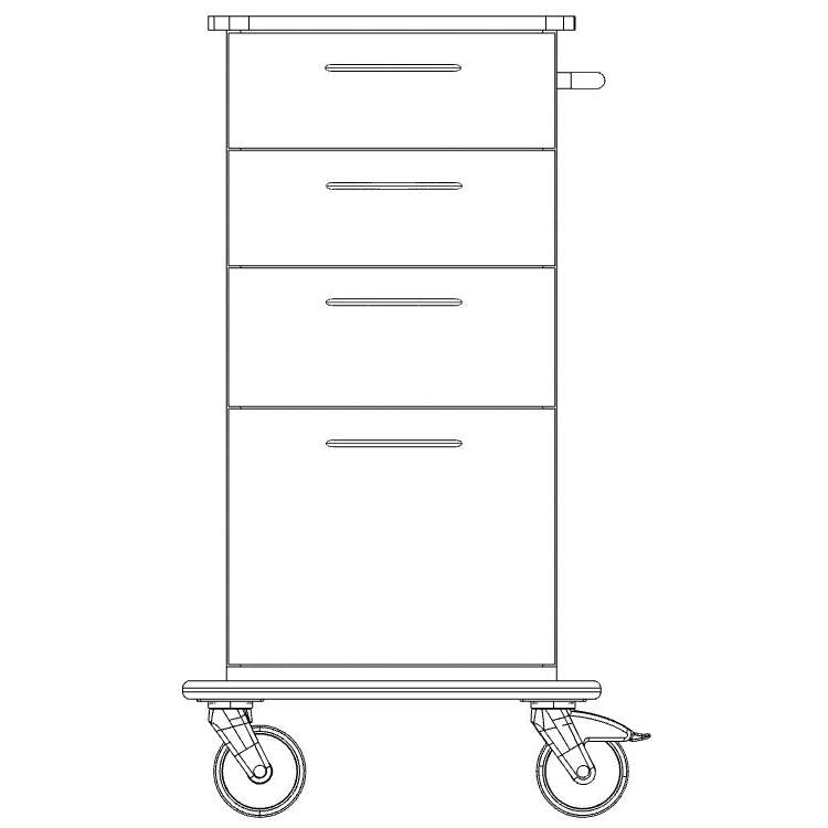 Disegno al tratto di un telaio di carrello per assistenza e lavoro Novocal in plastica completa, con quattro cassetti con maniglie, una barra di presa destra e quattro ruote (due visibili). Marca: Novocal.