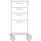 Disegno al tratto di un telaio di carrello per assistenza e lavoro Novocal in plastica completa, con quattro cassetti con maniglie, una barra di presa destra e quattro ruote (due visibili). Marca: Novocal.