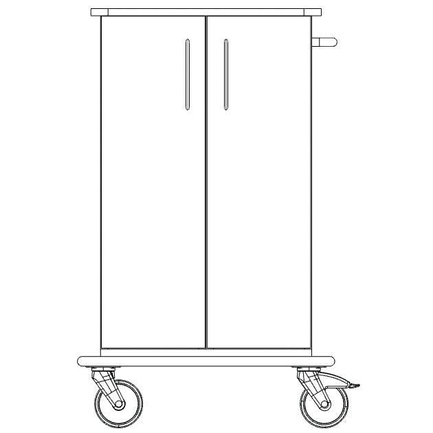Vista frontale disegno al tratto di un telaio di carrozza da cura e lavoro Novocal con due porte, maniglia sul lato destro e quattro ruote Marca: Novocal. Confezione: 1 pezzo. Realizzato in plastica piena continua.