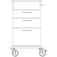 Strichzeichnung eines Novocal Pflege- und Arbeitswagen Fahrgestell bestehend aus einer durchgehenden Vollkunststoffplatte, mit drei Schubladen, flacher Ablagefläche, rechtem Griff und zwei großen Rollen am Boden.