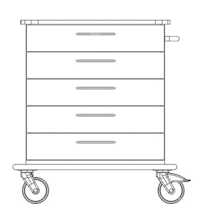 Vista frontale del disegno al tratto del telaio del carrello di cura e lavoro Novocal con quattro cassetti, maniglie su ogni cassetto, due grandi ruote anteriori e due ruote posteriori più piccole. Marca: Novocal. Confezione: 1 pezzo.