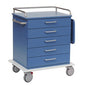 Un telaio di un carrello di cura e lavoro Novocal blu con cinque cassetti, maniglie e guide in metallo, maniglia laterale, superficie di appoggio pieghevole a destra, quattro ruote piroettanti (una con pedale del freno rosso); realizzato in pannello di plastica rigida resistente.