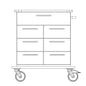 Disegno del carrello di assistenza e lavoro Novocal: un grande cassetto superiore, sei cassetti più piccoli in due colonne, piano in plastica resistente, quattro ruote e una maniglia sul lato destro. Marca: Novocal. Confezione (1 pezzo).