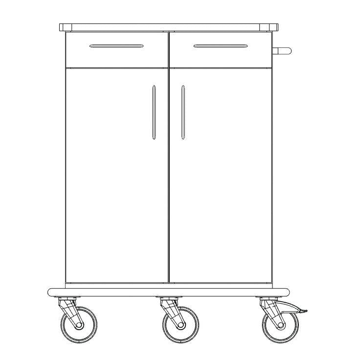 Eine Strichzeichnung des Novocal Pflege- und Arbeitswagen Fahrgestells von Novocal zeigt einen Rollwagen mit zwei großen Türen, zwei Schubladen, einem Griff auf der rechten Seite und vier Lenkrollen - ideal für die Lagerung oder den Transport.