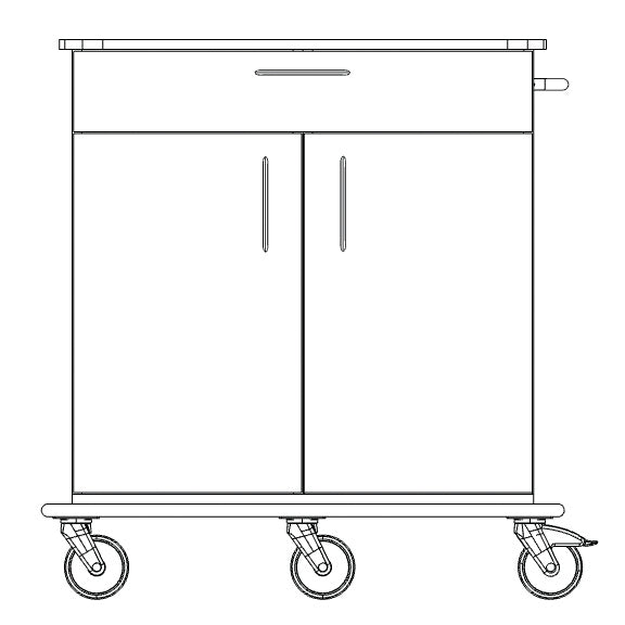 Disegno in bianco e nero del carrello di cura e lavoro Novocal con base in plastica piena, cassetto superiore, due ante inferiori, maniglia sul lato destro e quattro ruote piroettanti (una delle quali frenata). Marca: Novocal. 1 pezzo per confezione.