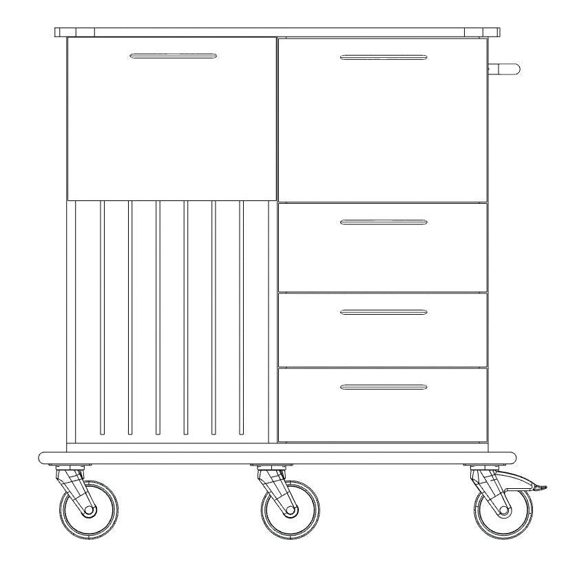 Disegno in bianco e nero del carrello da lavoro e da servizio Novocal: quattro ruote, tre cassetti a destra, armadio a sinistra con lamelle verticali, ampio scomparto per il trasporto di materiali di lavoro e una maniglia sul lato destro. Marca: Novocal.