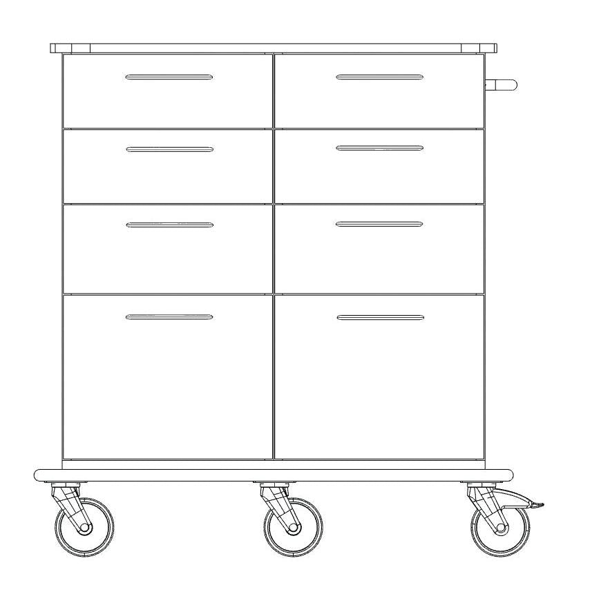 Disegno al tratto in bianco e nero del carrello di cura e lavoro Novocal, con sei cassetti, quattro ruote, maniglie laterali, maniglie rettangolari e un piano in plastica solida continua sulla parte superiore. Marca: Novocal.