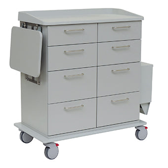 Der Novocal Pflege- und Arbeitswagen ist mit strapazierfähigem Vollkunststoff, acht Schubladen, einer ausklappbaren Seitenablage, einem Seitenfach und vier Lenkrollen (zwei mit roten Bremsen) ausgestattet - ideal für die effiziente Aufbewahrung von medizinischem Material.