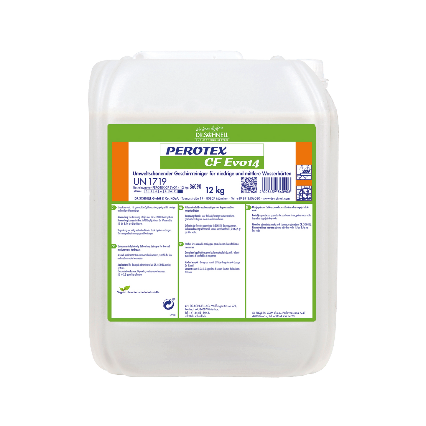 Un contenitore di plastica bianco da 12 kg con un'etichetta verde-arancio con la scritta "Dr. Schnell Perotex CF EVO 14 Detergente per lavastoviglie" della DR.SCHNELL GmbH & Co. KGaA contiene informazioni sul prodotto, istruzioni e simboli di sicurezza in lingua tedesca per lavastoviglie industriali.