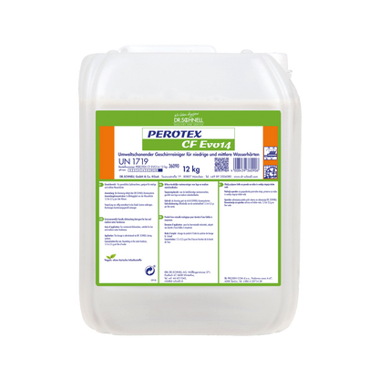 Un contenitore di plastica bianco da 12 kg con un'etichetta verde-arancio con la scritta "Dr. Schnell Perotex CF EVO 14 Detergente per lavastoviglie" della DR.SCHNELL GmbH & Co. KGaA contiene informazioni sul prodotto, istruzioni e simboli di sicurezza in lingua tedesca per lavastoviglie industriali.