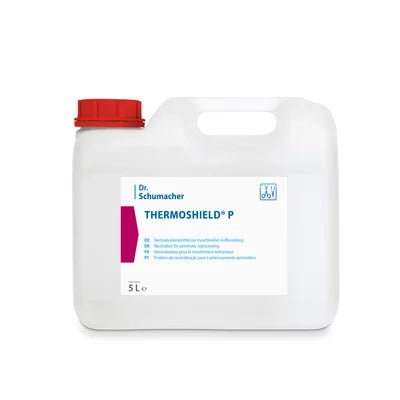 Un contenitore da 5 litri in plastica bianca con tappo a vite rosso e manico, etichettato con "Dr. Schumacher THERMOSHIELD P | Contenitore (5 l)", un'impregnazione a base d'acqua per tessuti e pelle della Dr. Schumacher GmbH, con istruzioni multilingue sull'etichetta.