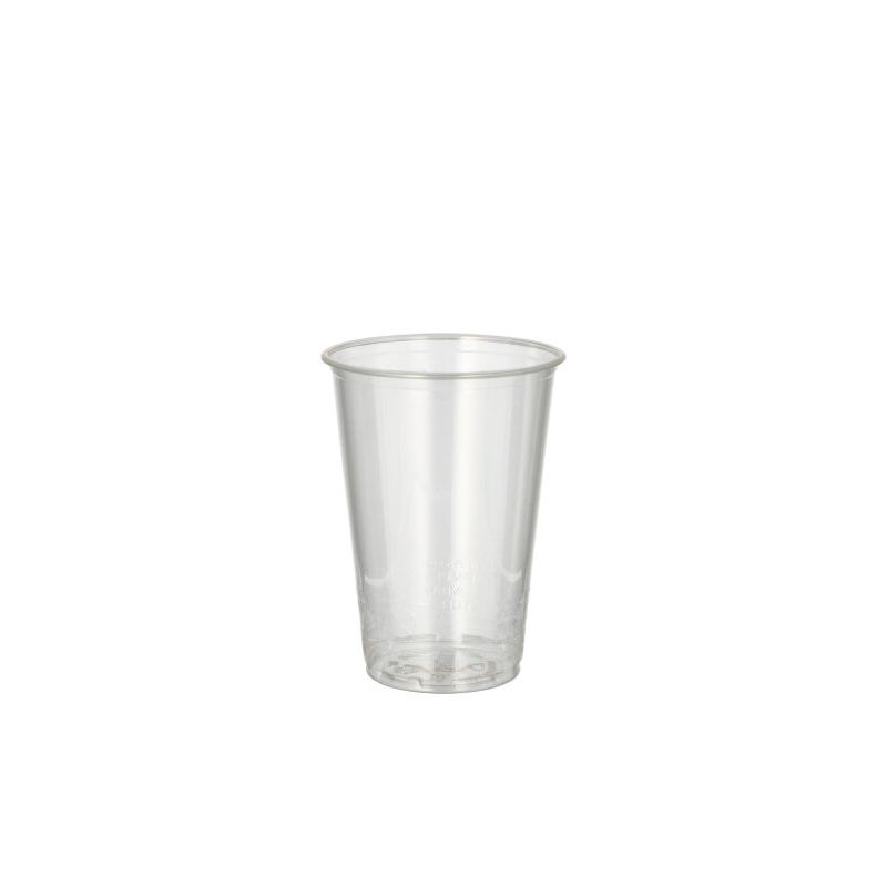 Il bicchiere per bevande fredde "pure" PLA 0,2 l trasparente della PAPSTAR GmbH con il suo design cilindrico minimalista e semplice è presentato su uno sfondo bianco semplice per mettere in risalto il suo potenziale ecologico.