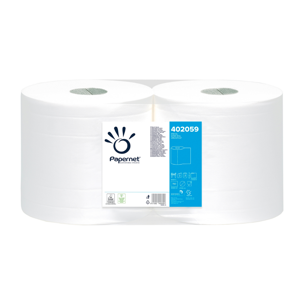 Due grandi rotoli Papernet di carta industriale 402059 di Sofidel Germany GmbH sono impilati uno accanto all'altro. Ogni rotolo è dotato di un'etichetta bianca su cui sono visibili il logo del marchio, il numero di prodotto 402059 e vari dettagli del prodotto in caratteri blu e neri, ideale per compiti di pulizia quotidiana.