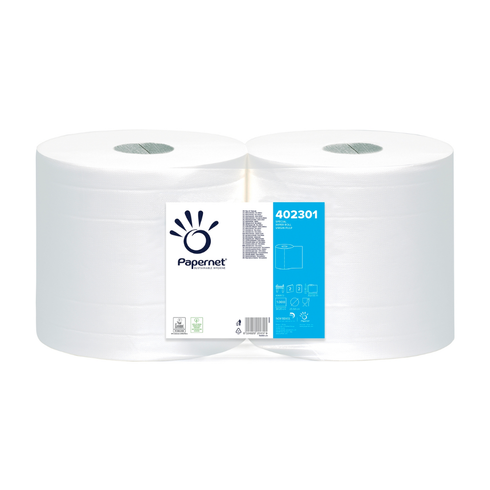 Due grandi rotoli Papernet di carta industriale, numero di prodotto 402301, sono confezionati insieme. Un'etichetta porta il marchio "Sofidel Germany GmbH" e contiene simboli che indicano informazioni sul riciclaggio. Questi asciugatutto a due strati, altamente assorbenti, sono ideali per tutti i lavori di pulizia.