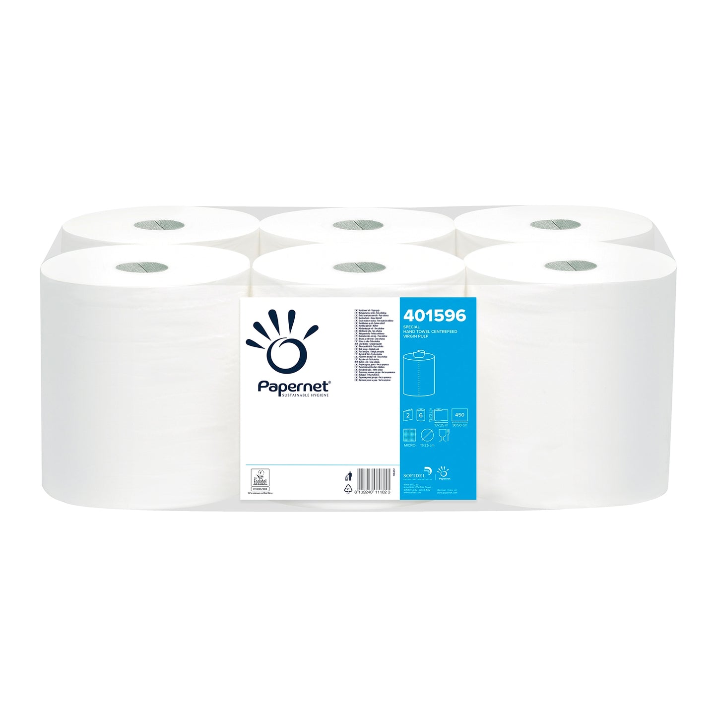 L'imballaggio della Sofidel Germany GmbH comprende sei rotoli di asciugamani di carta bianchi con un'etichetta blu con la scritta „Papernet Rollenhandtuch Special 401596“. L'etichetta contiene immagini e dettagli del prodotto e sottolinea il design del rotolo di asciugamani e la qualità della cellulosa per un'eccezionale assorbenza.