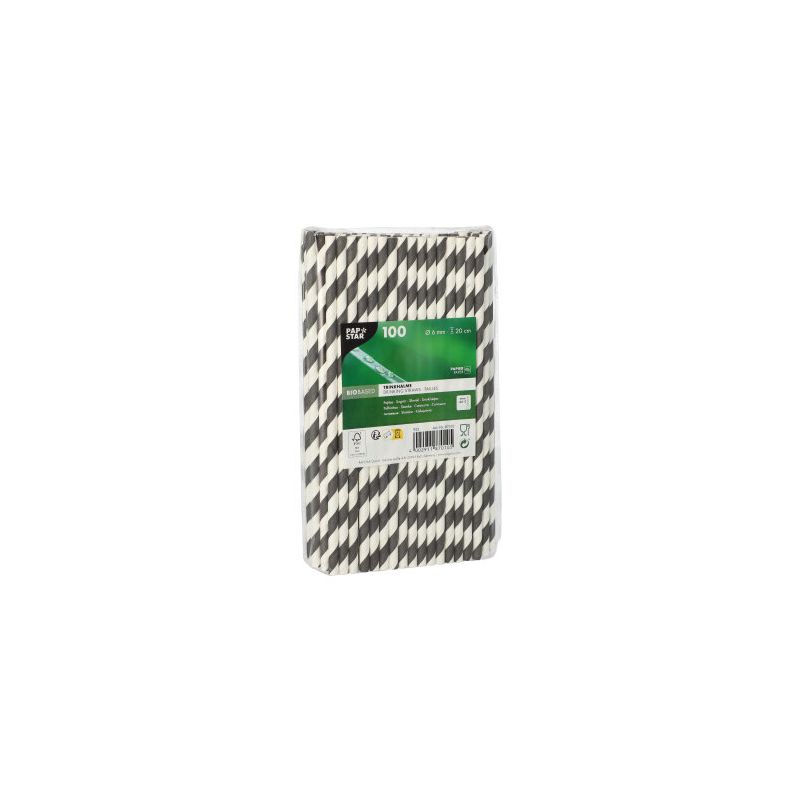 Una confezione da 100 cannucce PAPSTAR GmbH, carta Ø 6 mm, è in posizione verticale con un'etichetta verde-bianca che contiene informazioni sul prodotto sul davanti.