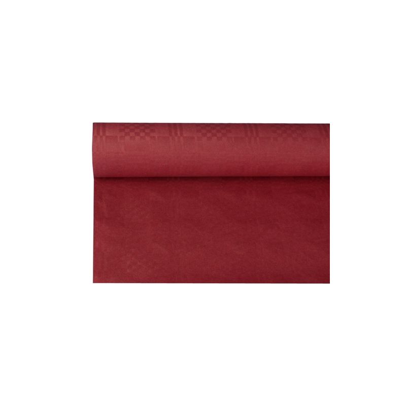 Un rotolo del tessuto rosso intenso PAPSTAR con un elegante design di goffratura damascata è parzialmente srotolato e quindi ideale per occasioni festive. Il tessuto appare liscio e uniformemente colorato e presenta una tonalità ricca che emana eleganza.