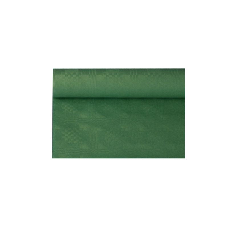 Un rotolo di tovaglia di carta PAPSTAR con struttura a goffratura damascata discreta, parzialmente srotolato su sfondo bianco, ideale per decorazioni da tavola eleganti.