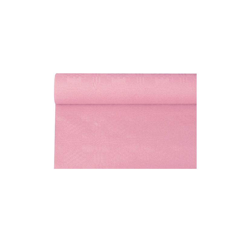 Un pezzo srotolato della tovaglia di carta PAPSTAR con goffratura damascata, in una tonalità rosa, riposa elegantemente su uno sfondo bianco.