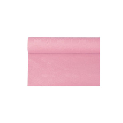 Un pezzo srotolato della tovaglia di carta PAPSTAR con goffratura damascata, in una tonalità rosa, riposa elegantemente su uno sfondo bianco.