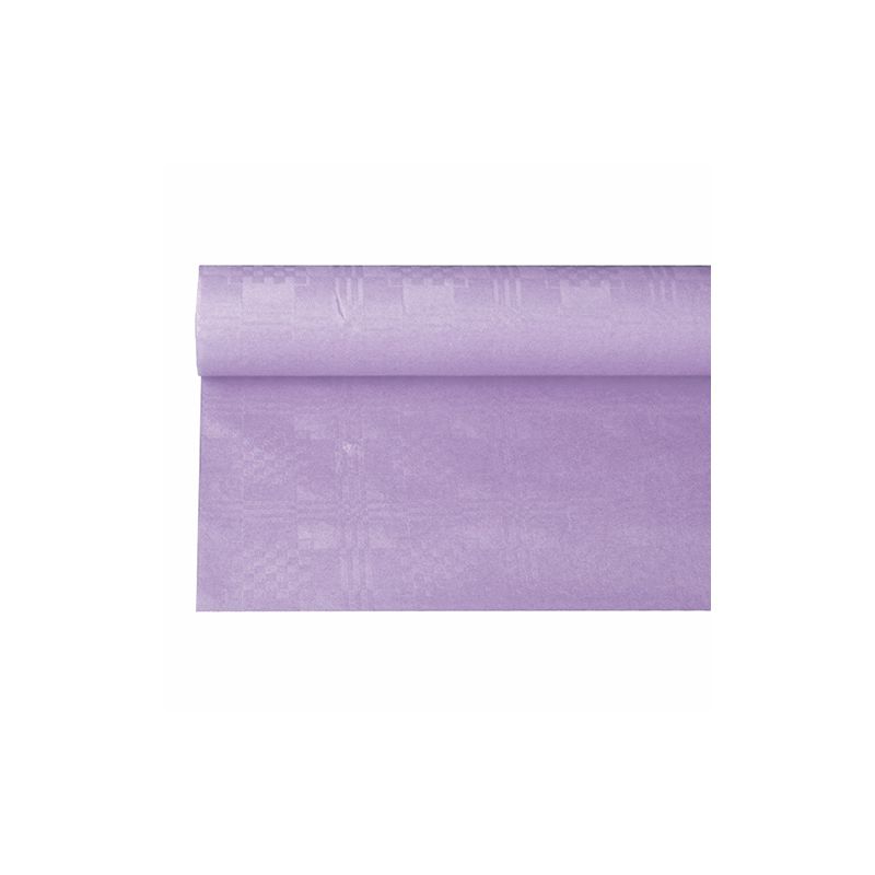 Una tovaglia di carta PAPSTAR con goffratura damascata in una tonalità lilla chiara, che ricorda un'occasione festiva, si srotola elegantemente su uno sfondo bianco e rivela la sua superficie liscia e colore uniforme con il suo discreto motivo damascato.