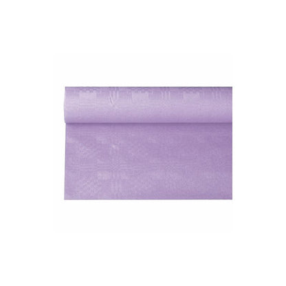 Una tovaglia di carta PAPSTAR con goffratura damascata in una tonalità lilla chiara, che ricorda un'occasione festiva, si srotola elegantemente su uno sfondo bianco e rivela la sua superficie liscia e colore uniforme con il suo discreto motivo damascato.