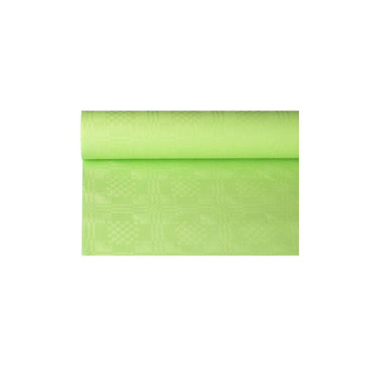 Un rotolo di tovaglia di carta verde chiaro con goffratura damascata della PAPSTAR GmbH nelle dimensioni 6 m x 1,2 m, ideale per occasioni festive, è parzialmente srotolato su uno sfondo bianco.
