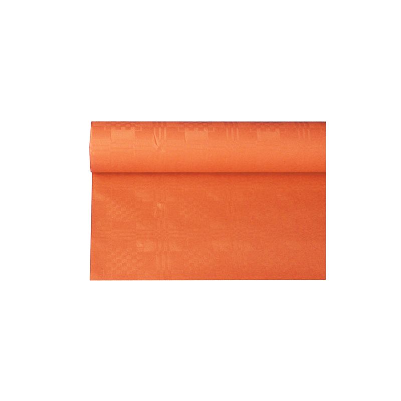 Un rotolo parzialmente srotolato PAPSTAR di tovaglia di carta con goffratura damascata nel formato 6 x 1,2 m mostra il suo complesso motivo e la sua struttura su uno sfondo bianco semplice.