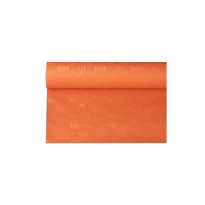 Un rotolo parzialmente srotolato PAPSTAR di tovaglia di carta con goffratura damascata nel formato 6 x 1,2 m mostra il suo complesso motivo e la sua struttura su uno sfondo bianco semplice.