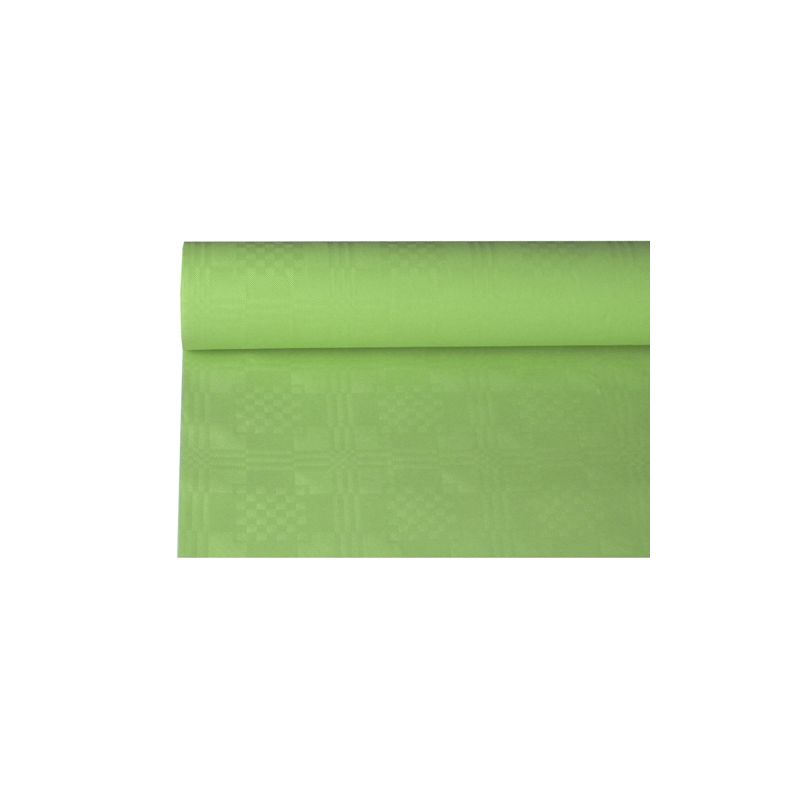 La tovaglia di carta PAPSTAR con goffratura damascata della PAPSTAR GmbH, 8 m x 1,2 m, in verde chiaro con un discreto motivo a quadri, conferisce eleganza a qualsiasi decorazione da tavola. La tovaglia di carta liscia è parzialmente srotolata, in modo che il suo design risalti su uno sfondo bianco semplice.