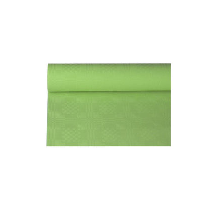 La tovaglia di carta PAPSTAR con goffratura damascata della PAPSTAR GmbH, 8 m x 1,2 m, in verde chiaro con un discreto motivo a quadri, conferisce eleganza a qualsiasi decorazione da tavola. La tovaglia di carta liscia è parzialmente srotolata, in modo che il suo design risalti su uno sfondo bianco semplice.