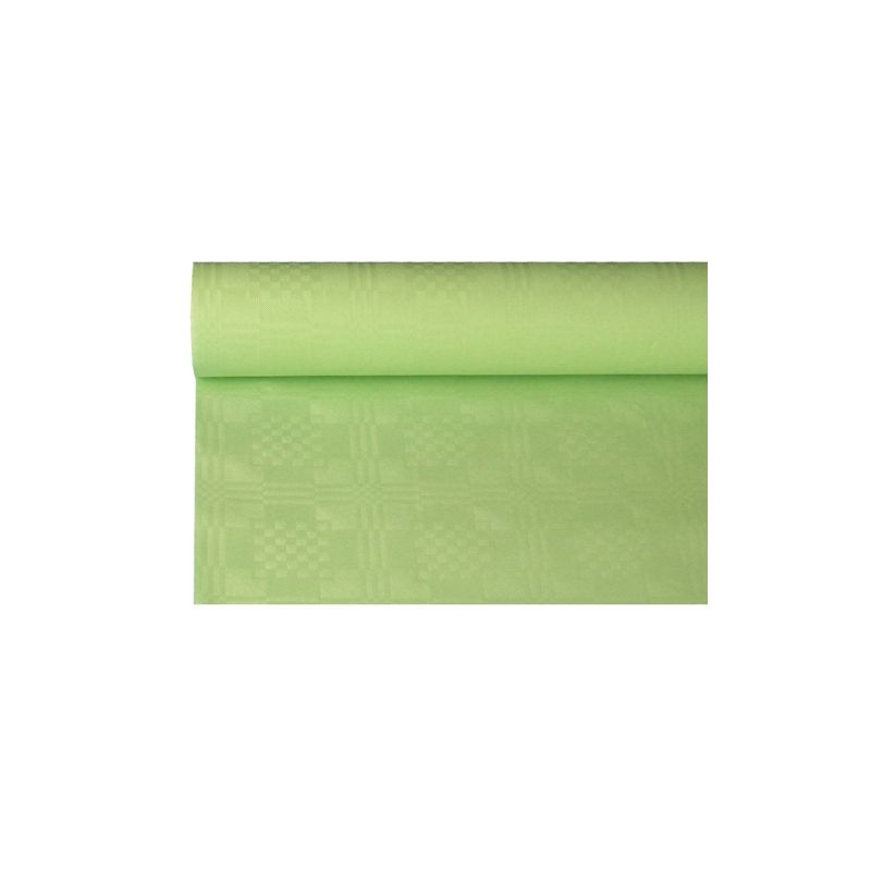 Un rotolo della tovaglia di carta verde chiaro PAPSTAR con goffratura damascata della PAPSTAR GmbH, con dimensioni di 8 m x 1,2 m, è parzialmente srotolato per evidenziare il sottile motivo geometrico e renderlo perfetto per una decorazione da tavola elegante.