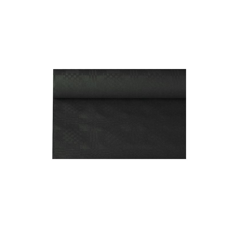 La tovaglia di carta PAPSTAR con goffratura damascata della PAPSTAR GmbH è un rotolo di tessuto scuro con una delicata goffratura damascata e un motivo geometrico su sfondo bianco, ideale per donare eleganza alle occasioni festive.