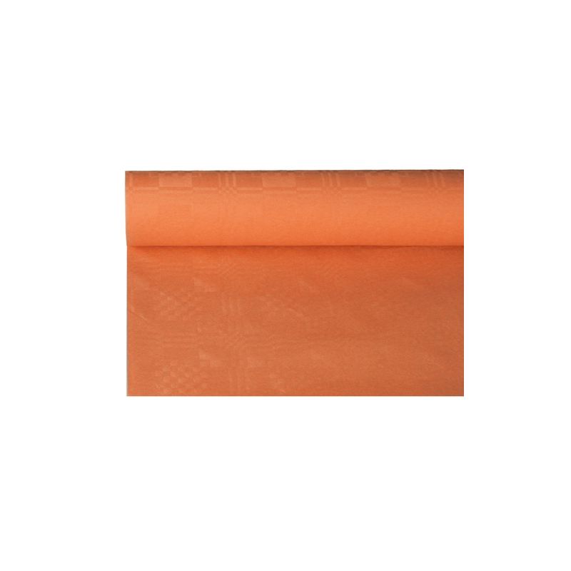 Una tovaglia di carta PAPSTAR con goffratura damascata, parzialmente srotolata per mostrare il suo elegante design, è perfetta per la decorazione da tavola. Risalta meravigliosamente su uno sfondo bianco semplice.