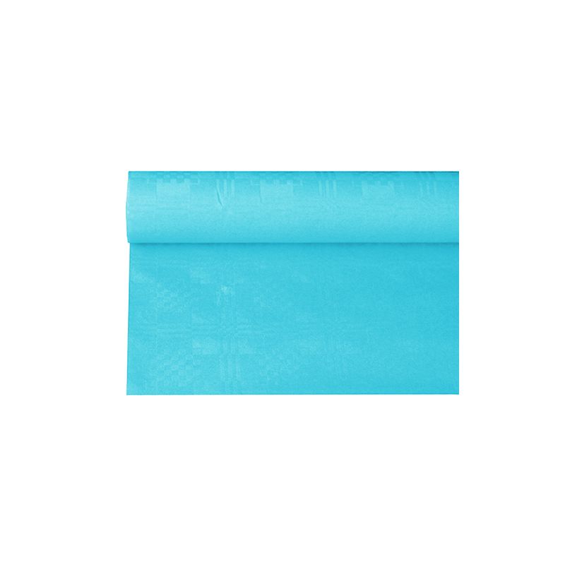 Un rotolo PAPSTAR di tovaglia di carta con goffratura damascata in una tonalità blu brillante, noto per la sua texture liscia e la complessa goffratura damascata, è parzialmente srotolato su uno sfondo bianco semplice - ideale per occasioni festive.