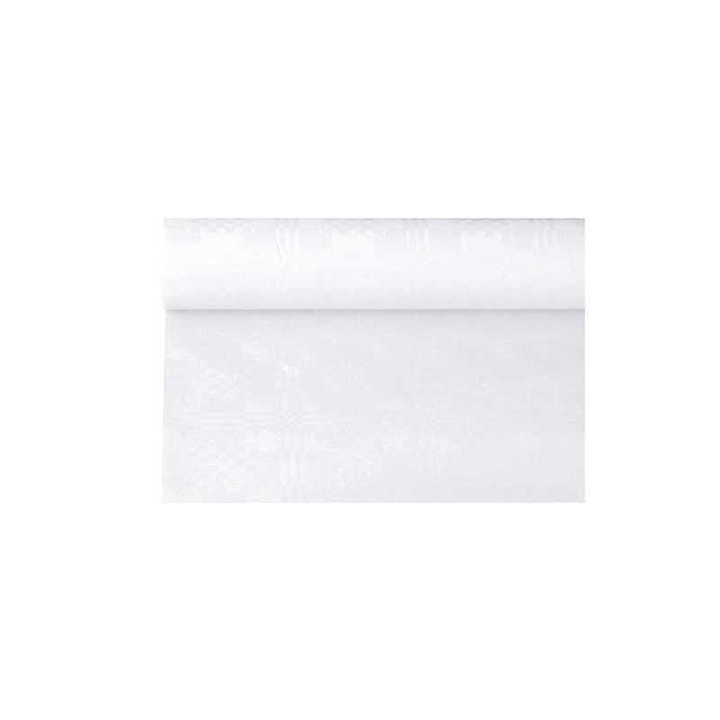 Un rotolo PAPSTAR di tovaglia di carta con goffratura damascata della PAPSTAR GmbH, simile a una semplice carta da parati bianca per occasioni festive, è parzialmente srotolato e mostra la sua texture liscia e uniforme su uno sfondo bianco semplice.