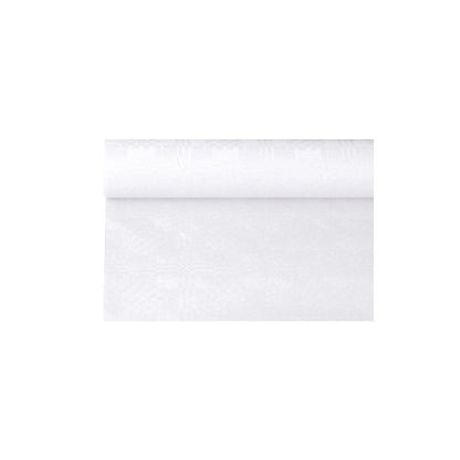 Un rotolo PAPSTAR di tovaglia di carta con goffratura damascata della PAPSTAR GmbH, simile a una semplice carta da parati bianca per occasioni festive, è parzialmente srotolato e mostra la sua texture liscia e uniforme su uno sfondo bianco semplice.