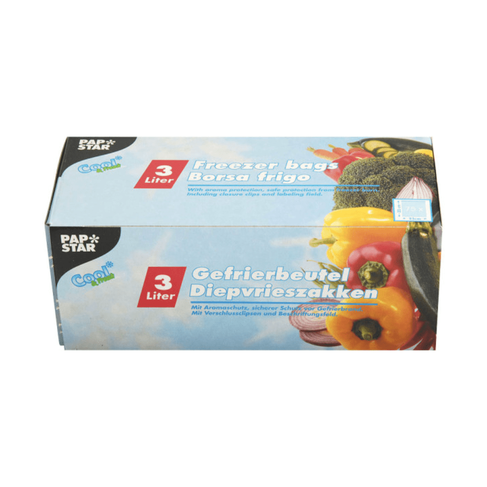 Si vede una scatola con 75 sacchetti da congelatore Starpak con una capacità di 3 litri in LLDPE. Sulla confezione ci sono immagini di vari tipi di verdure e testi in più lingue, tra cui "Freezer bags", "Gefrierbeutel" e "Borsa frigo".