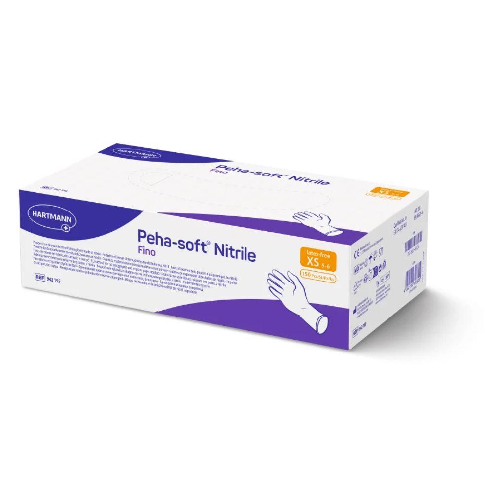 Scatola di guanti monouso Peha-soft® nitrile fino della Paul Hartmann AG, senza lattice e senza polvere, con confezione bianco-viola nelle taglie XS - S. Contiene un'immagine della mano con guanto, codici a barre e informazioni sul prodotto sui lati.