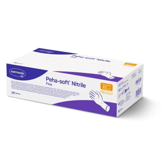 Confezione di guanti monouso Peha-soft® nitrile fino della Paul Hartmann AG, privi di lattice e di talco, con confezione bianca e viola nelle taglie XS – S. Presenta l’immagine di una mano con il guanto, i codici a barre e le informazioni sul prodotto sui lati.