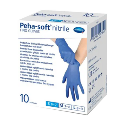 Una scatola di guanti monouso Peha-soft® nitrile fino senza lattice della Paul Hartmann AG. La scatola è etichettata in più lingue e indica l'assenza di polvere e la natura monouso dei guanti per uso medico.