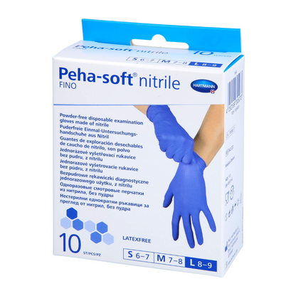 Una scatola di guanti monouso Peha-soft® nitrile fino della Paul Hartmann AG, guanti monouso senza polvere per esami. Sulla confezione sono elencate le taglie disponibili e viene indicato che i guanti sono senza lattice, con informazioni sul prodotto in più lingue.