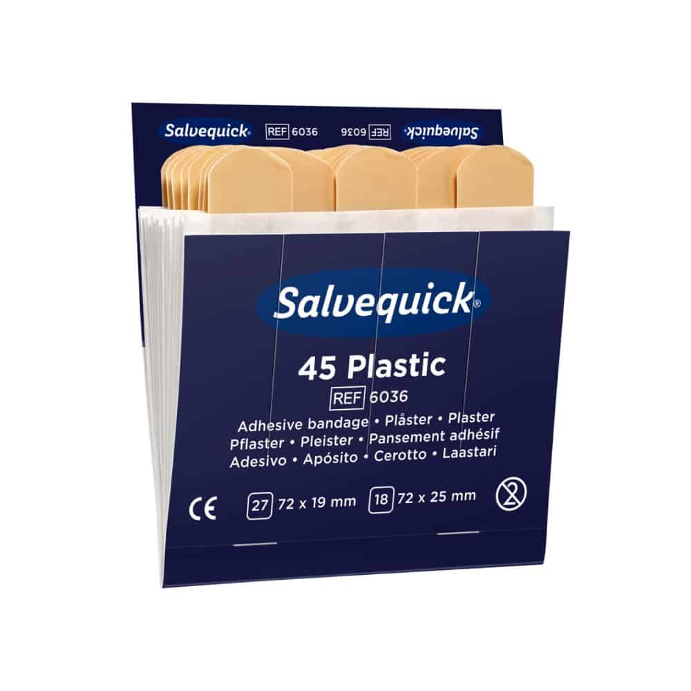 Una scatola di cerotti Holthaus Medical Salvequick® Ricarica di plastica di Holthaus Medical GmbH & Co. KG porta la scritta "45 Plastic" e contiene 45 cerotti in plastica in due dimensioni: 27 pezzi da 72 x 19 mm e 18 pezzi da 72 x 25 mm. La scatola blu-bianca contiene testo multilingue ed è quindi perfetta come ricarica Salvequick.