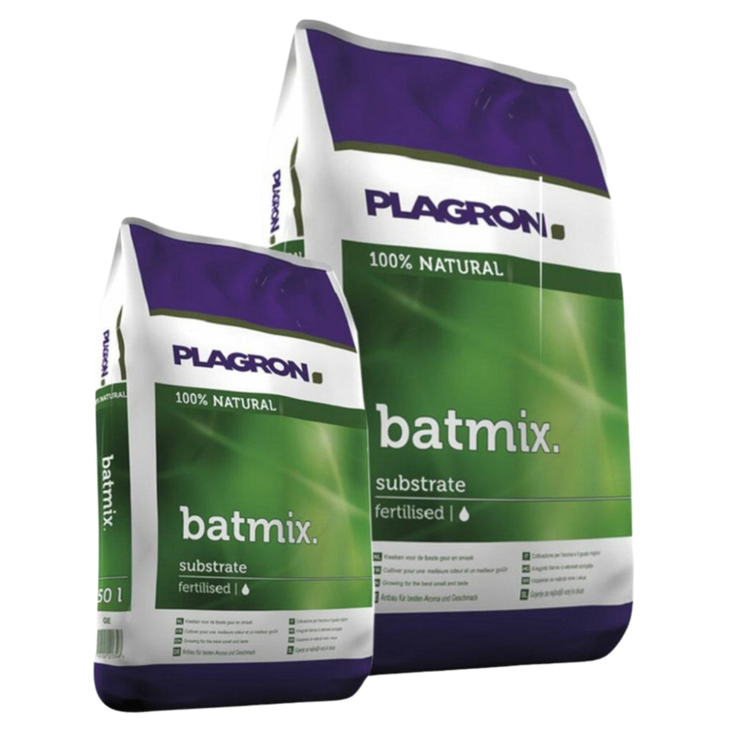 Due sacchetti di Plagron Batmix di Bertels B.V. in confezione verde e viola mostrano il logo Batmix, sono contrassegnati come 100% naturali e fertilizzati con tipi di torba per una migliore crescita delle piante, disponibili in diverse dimensioni con dettagli specifici sulla confezione.