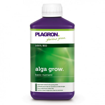 Una bottiglia di Plagron Alga Grow Fertilizzante naturale per la crescita di Bertels B.V. è un nutriente di base 100% biologico per la crescita. La bottiglia è viola e ha un'etichetta verde-bianca con il marchio e le informazioni sul prodotto.