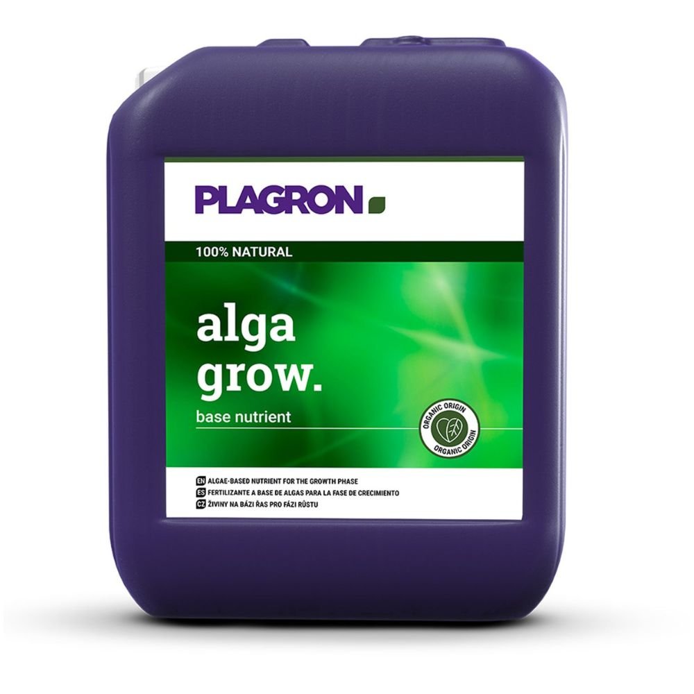 Una grande brocca viola con la scritta "Plagron Alga Grow Fertilizzante naturale per la crescita" di Bertels B.V. ha uno sfondo verde con testo in inglese e spagnolo. Questo contenitore quadrato con un manico superiore è un fertilizzante naturale ideale per la crescita del tuo giardino.