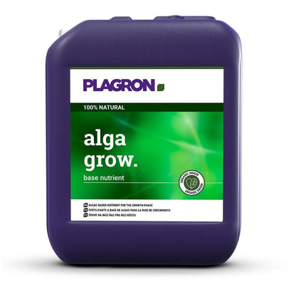 Una grande brocca viola con la scritta "Plagron Alga Grow Fertilizzante naturale per la crescita" di Bertels B.V. ha uno sfondo verde con testo in inglese e spagnolo. Questo contenitore quadrato con un manico superiore è un fertilizzante naturale ideale per la crescita del tuo giardino.